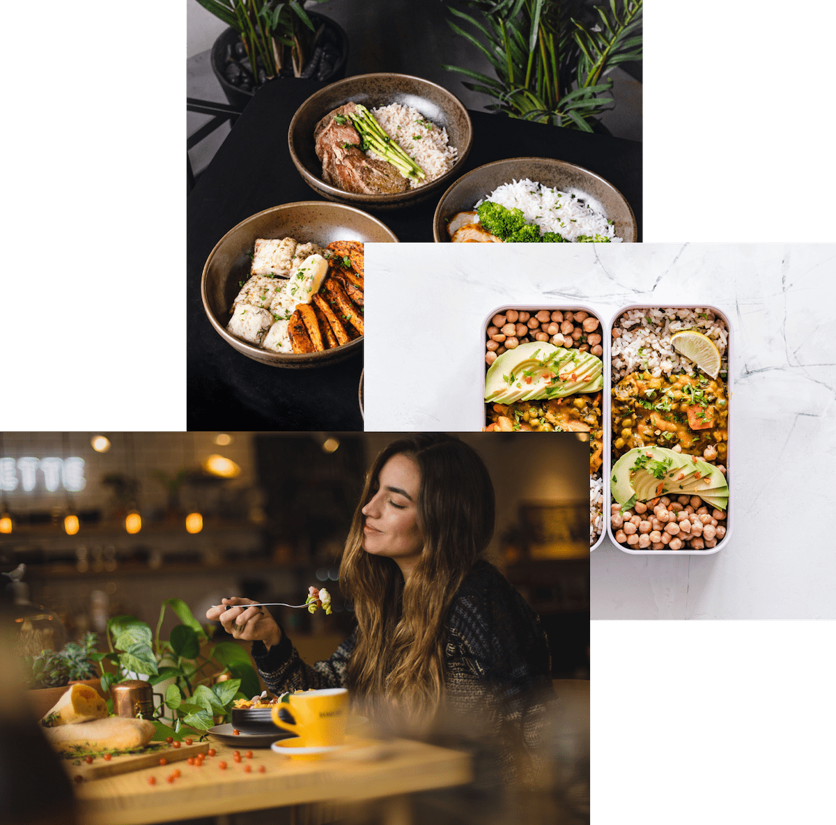 A woman enjoying food, meals in storage container, and food bowls on a table
